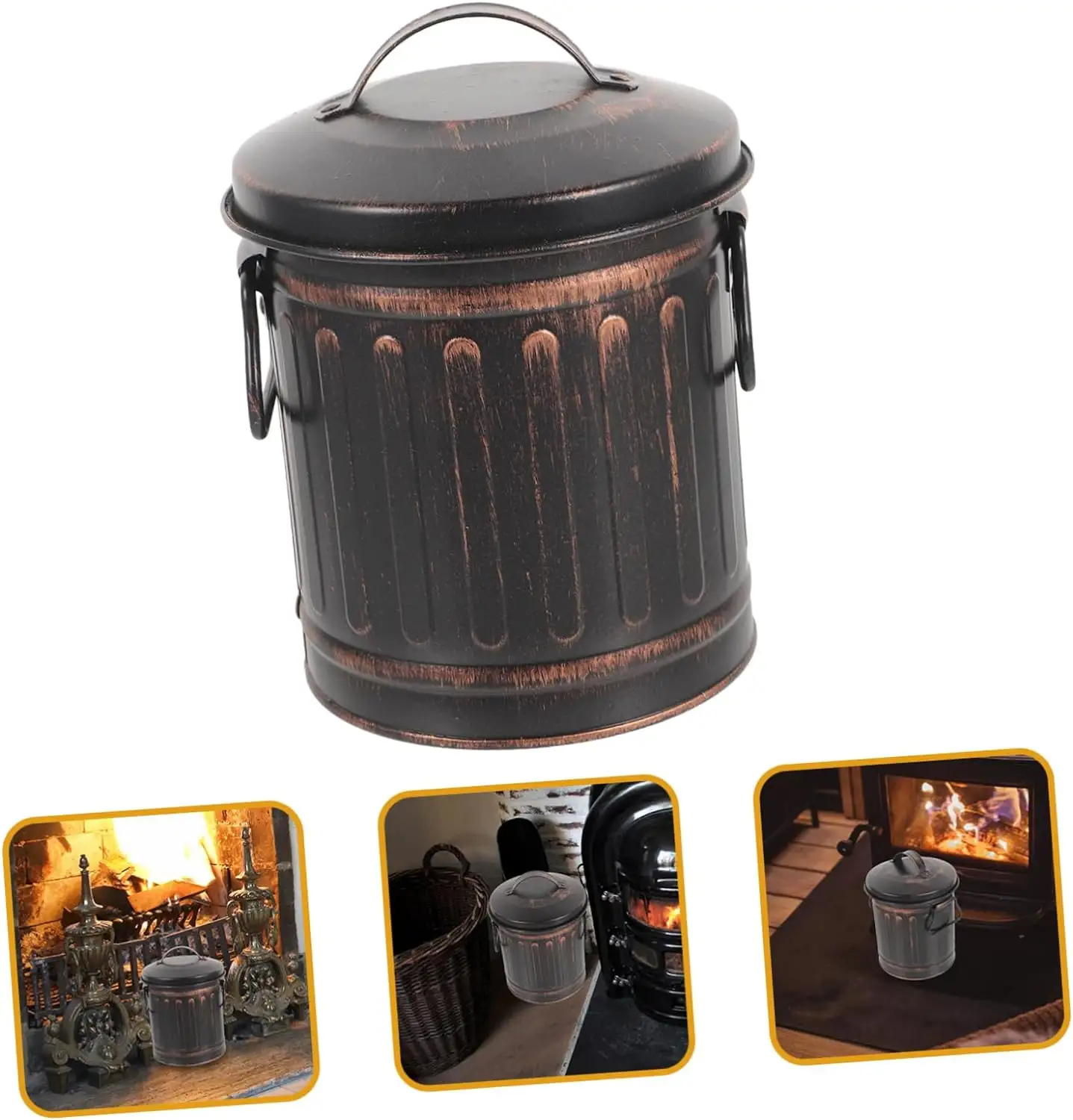 Recipiente de basura retro con tapa, lata de almacenamiento negra de hierro fijo retro, barril de chimenea adecuado para cenizas, almacenamiento de carbón interior Ba
