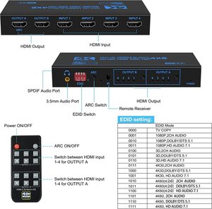 4K <strong>HDMI</strong> <strong>Matrix</strong> 4x2 <strong>4</strong> in <strong>2</strong> Out HDMI2.0 Audio Extractor Switch Splitter with Optical Toslink SPDIF+Coaxial+3.5mm ARC Audio - Product Image 2