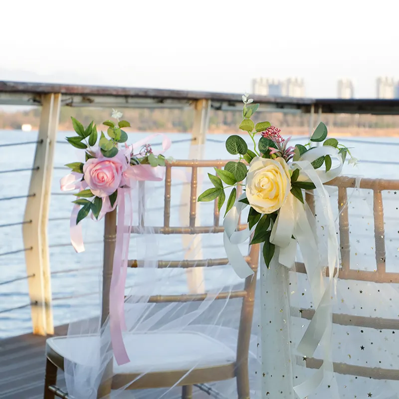 Nordic Outdoor Wedding Decoration Chair Sash Flowers Decorative Bouquet Wedding Chair Artificial FlowersPopular