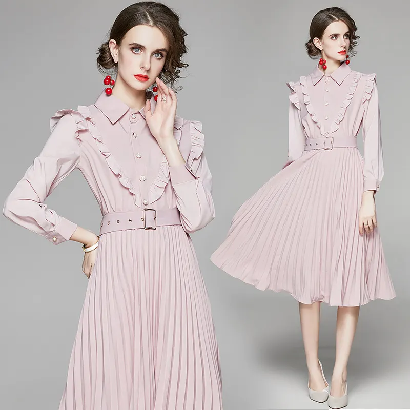 핑크 플리츠 스커트 새틴 & 레이스 봄 가을 SWEET 드레스 제조 도매 패션 여성 의류