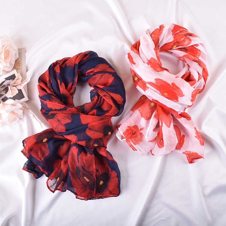 Factory Custom Design Scarfs High Quality Floral Print Women's Breathable Scarves Tourism Shawl poppy Scarf Australia