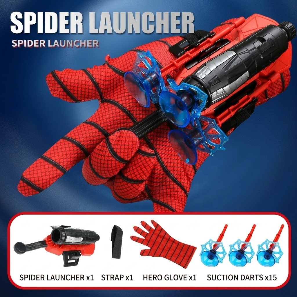 Launcher + 15 suction cup darts + rope + 2 straps + gloves
