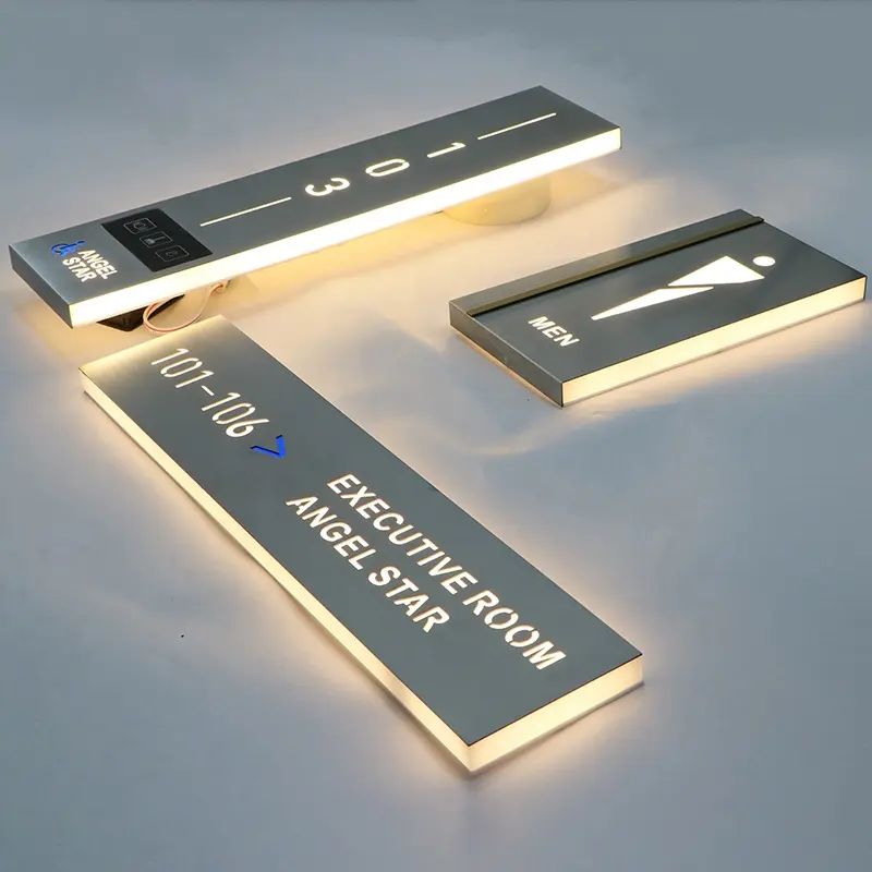 EZD fabbrica produttore personalizzato LED luminoso in acciaio inox porta dell'hotel numero segno bagno segno corridoio segno