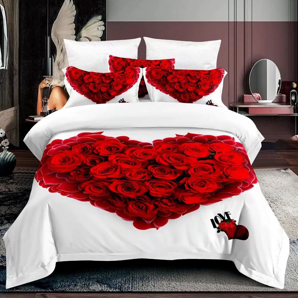 Capa de edredom digital 3D flor vermelha rosa conjuntos de cama luxuosos coleções 100% lençóis estampados em microfibra com fronhas