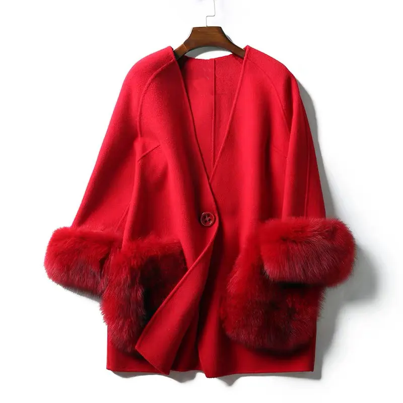Casaco de lã de caxemira feminino, atacado mulheres inverno casaco de lã genuíno com bolso de pelo real para mulheres
