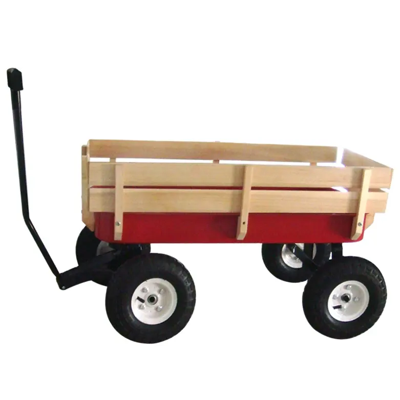 Carro plegable de carga rojo de madera para niños, carrito de vagón para niños, playa, jardín