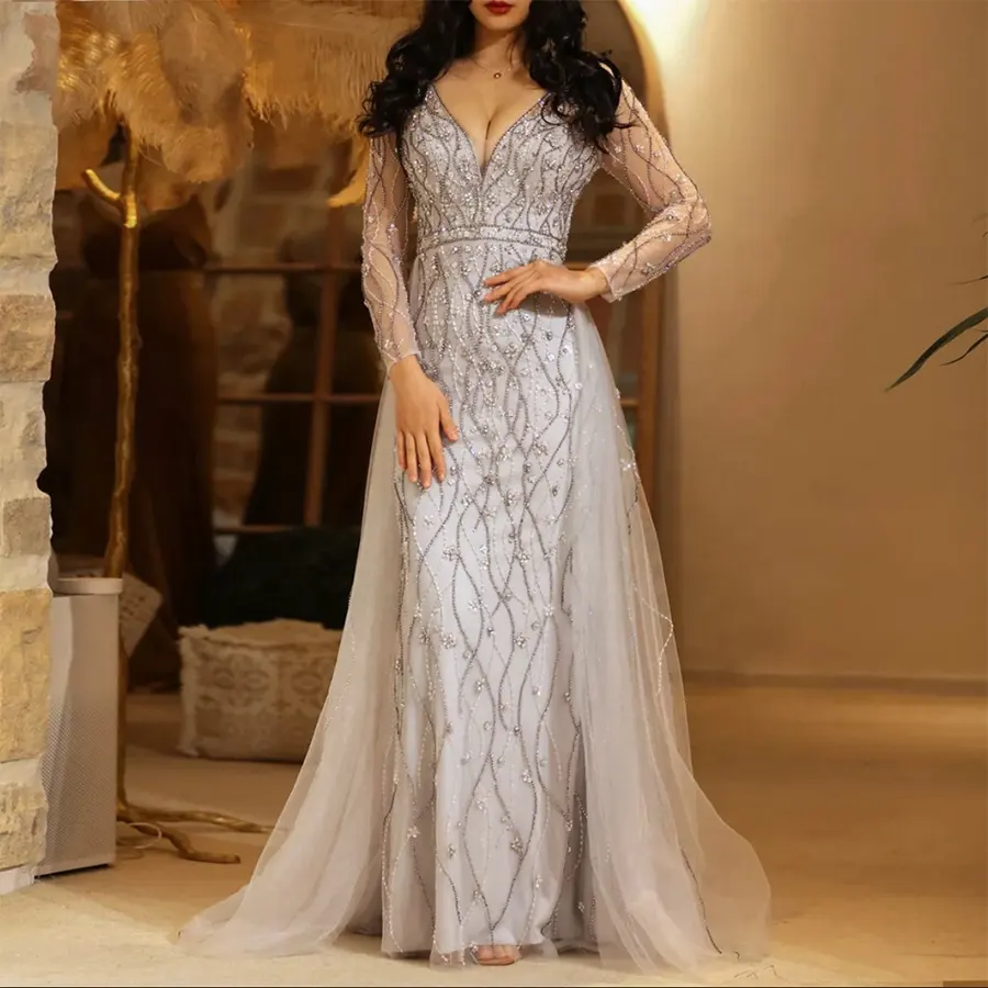 Vestido de baile de tule, manga longa, vestidos de noite com pedras de cristal, venda imperdível