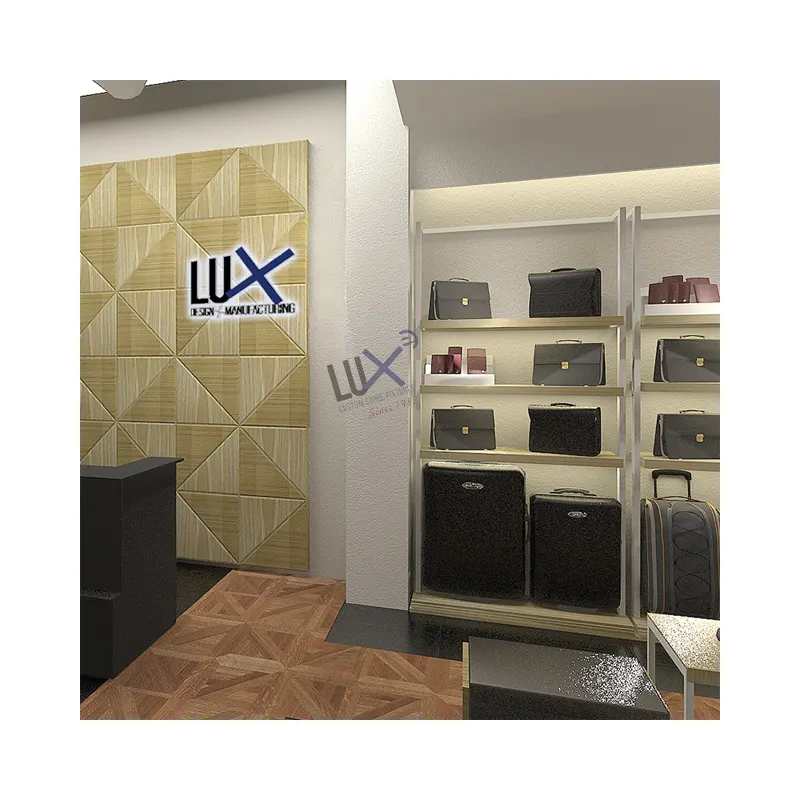 LUX su misura moda popolare moderna intera borsa negozio decorazione metallo legno con Led borse luminose espositore scaffale