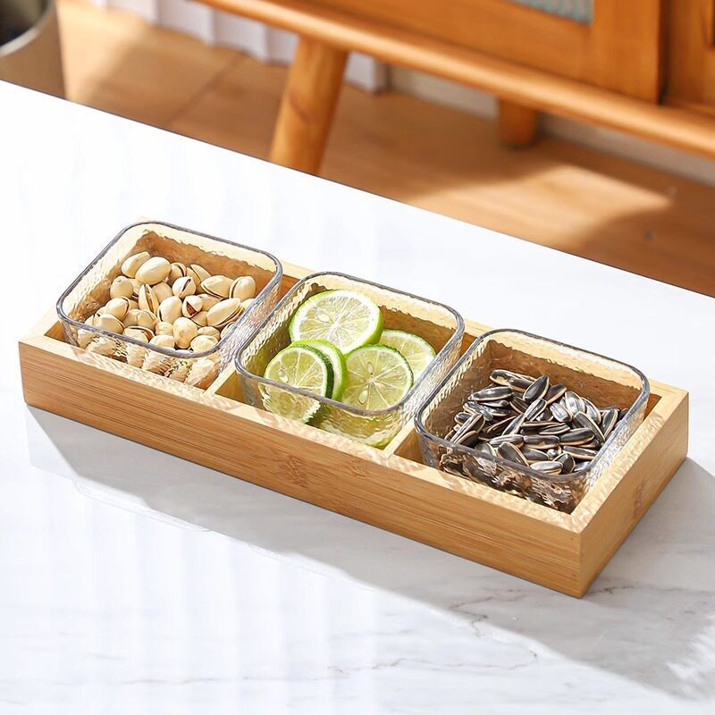 Bambú y madera - Rejilla de tres compartimentos - Plato cuadrado con diseño de ondas de agua