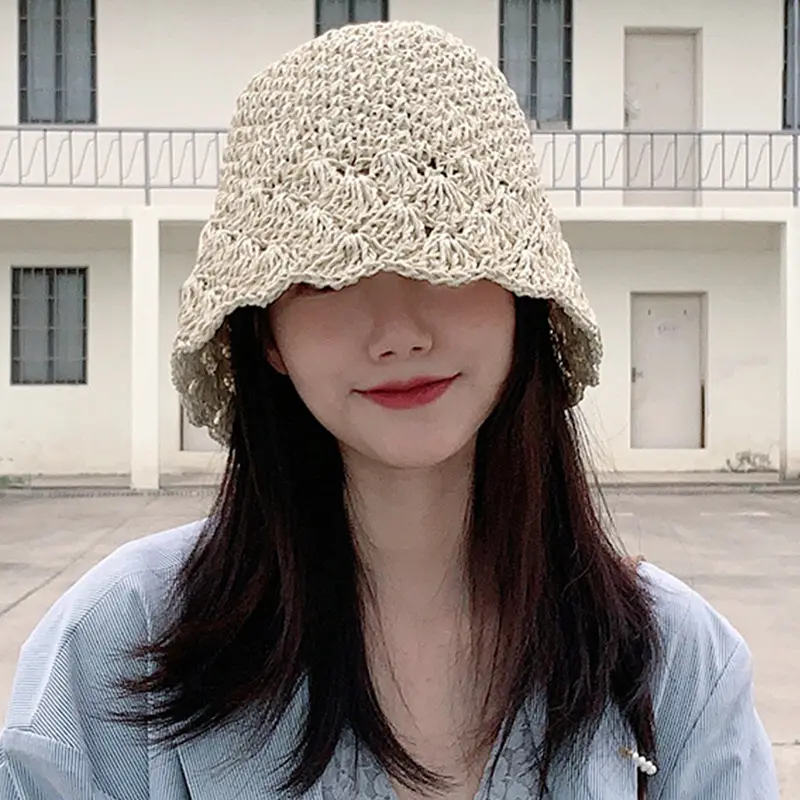 Wholesale summer women crochet beach sun hats hollow hand-woven fisherman hat floppy portable folding bucket straw hat