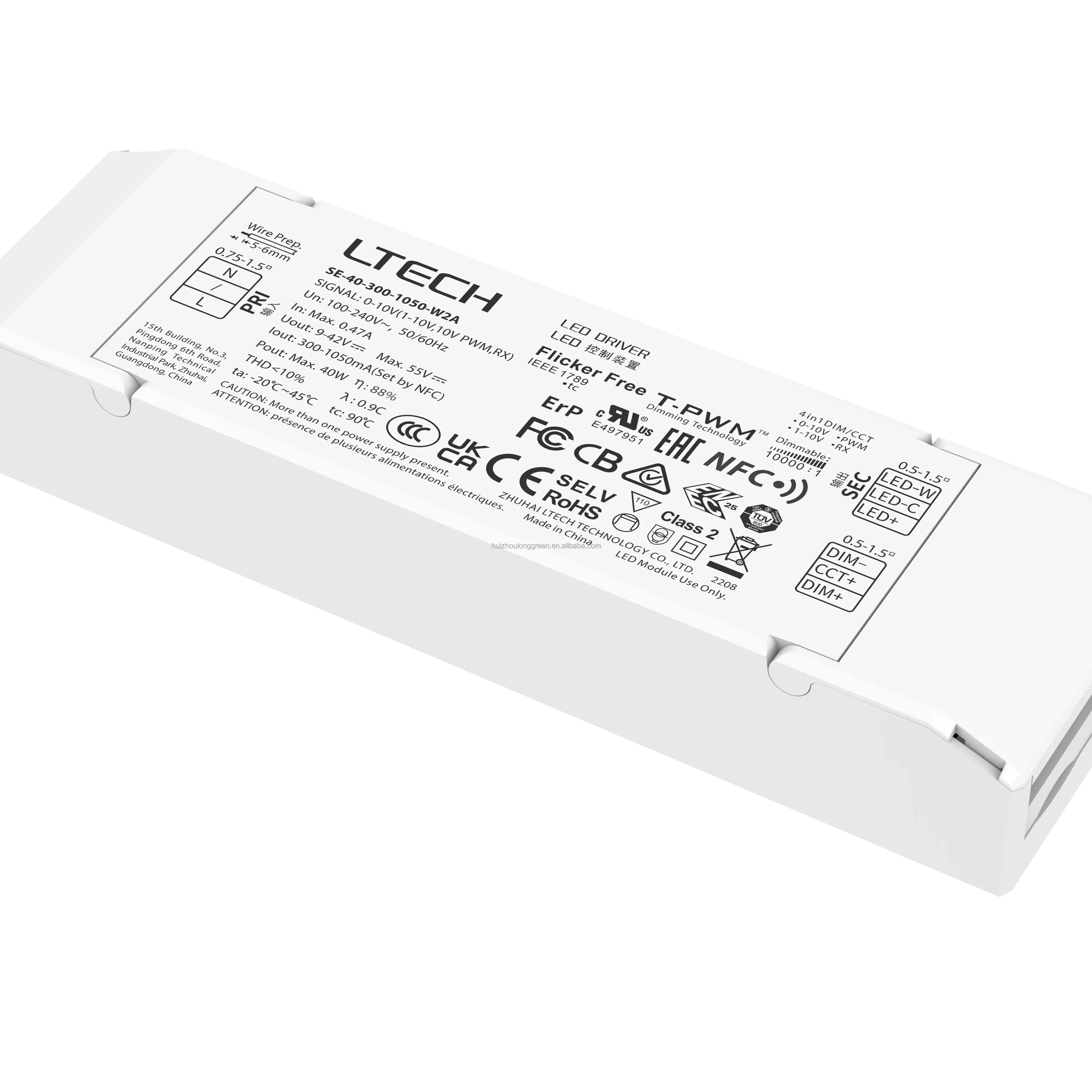 RTS l UL ERP Ltech 40W 300-1050mA NFC CC 0/1-10V tunable white LED driver SE-40-300-1050-W2A Constant Current CCT Dimmable LED Driver
