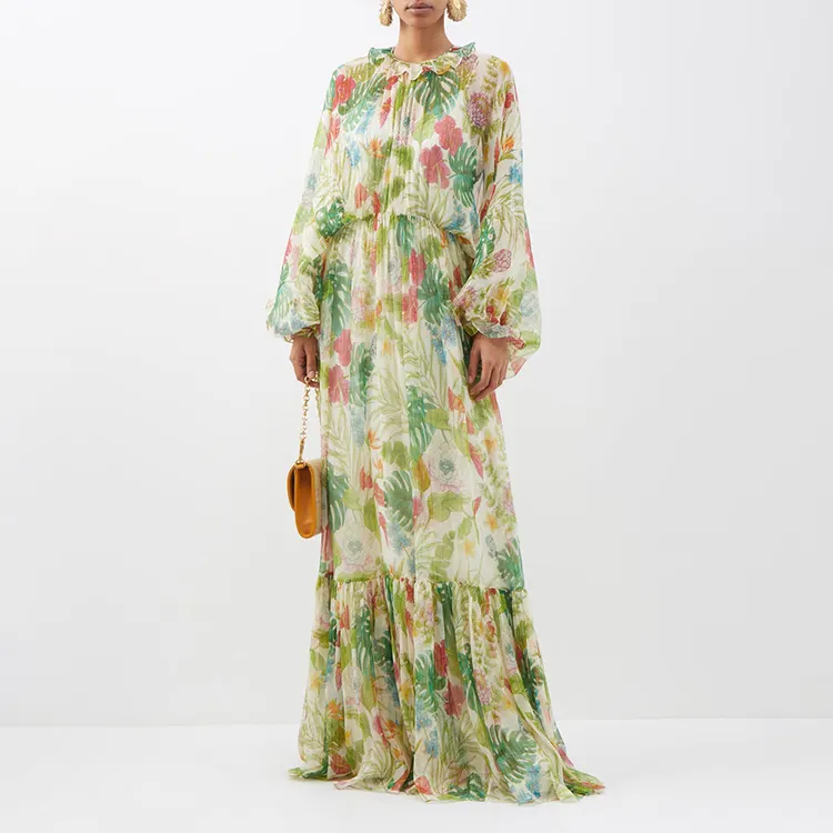 Élégant Floral tache robes bouton vers le bas cravate ceinture personnalisé conçu vêtements décontracté été Boho manchette Maxi longue robe femmes