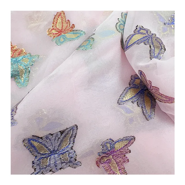 Venta al por mayor colorido mariposa somalí Dirac diseño tul seda Lurex Jacquard tela