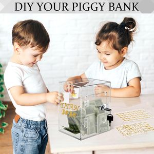 JIHONG Großhandel Acryl Clear Adult Sparschwein Öffnungs bare Gelds parbox mit Schlüsseln und Aufklebern Vitrine für Geldglas