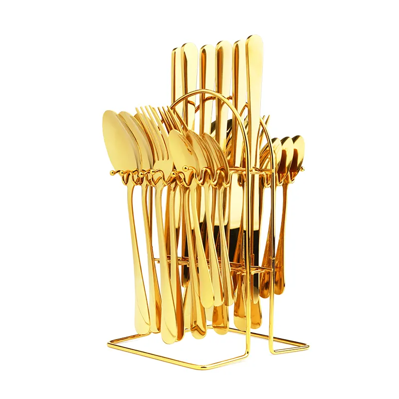 Набор столовых приборов из нержавеющей стали золотого цвета, 24 шт., с подставкой, нож, вилка, ложка, столовая посуда