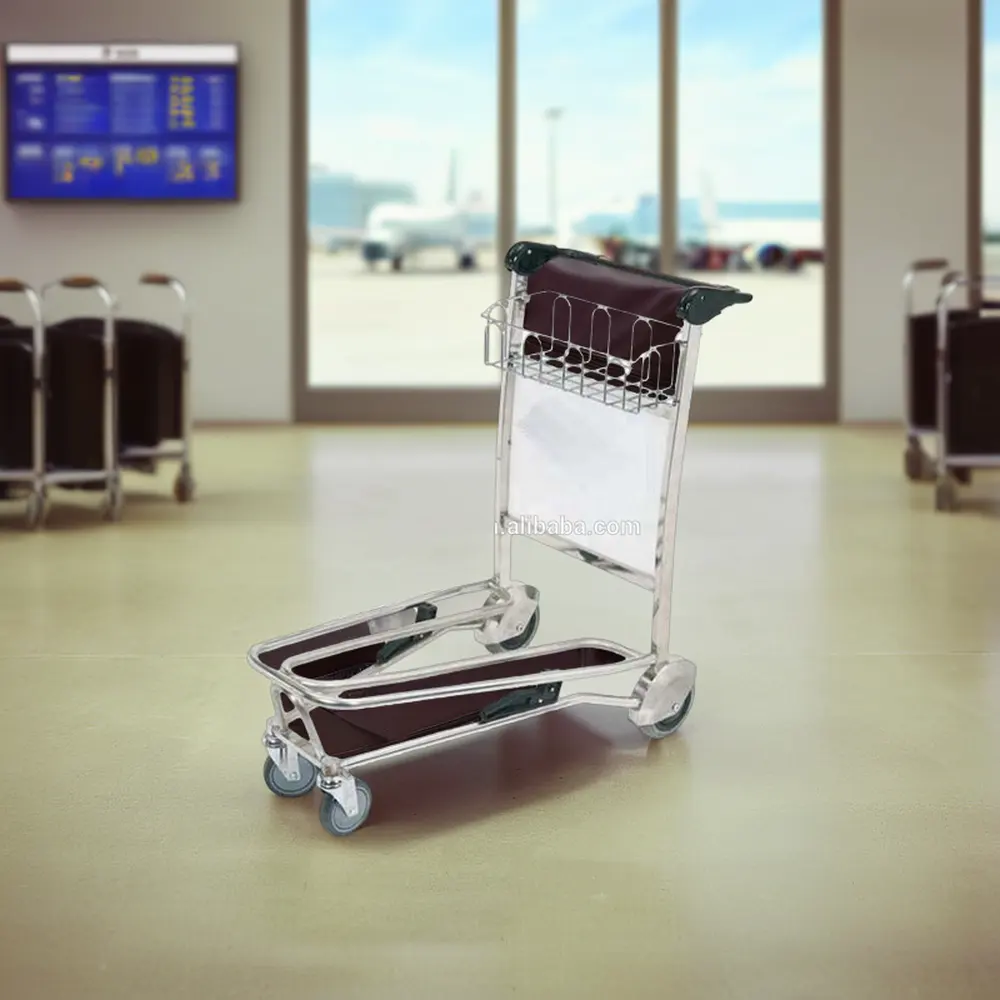 Chariot pour poussette d'aéroport en acier et acier inoxydable avec poignée du système de freinage à trois roues libérée personnalisable OEM