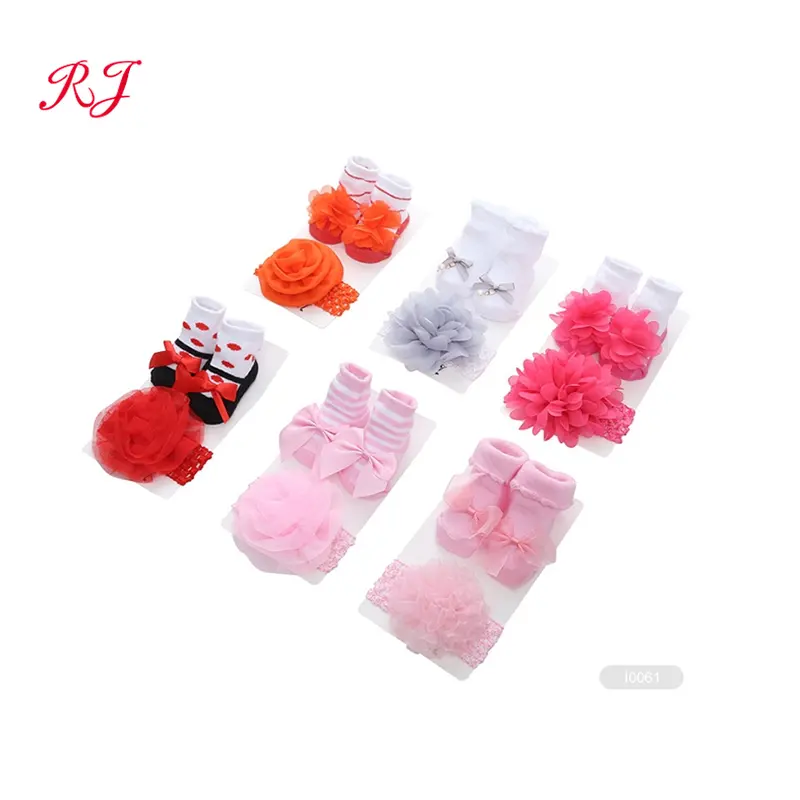 RJ-I0238 algodão bebê menina meias caixa de presente recém-nascido meias e faixa de cabeça conjunto