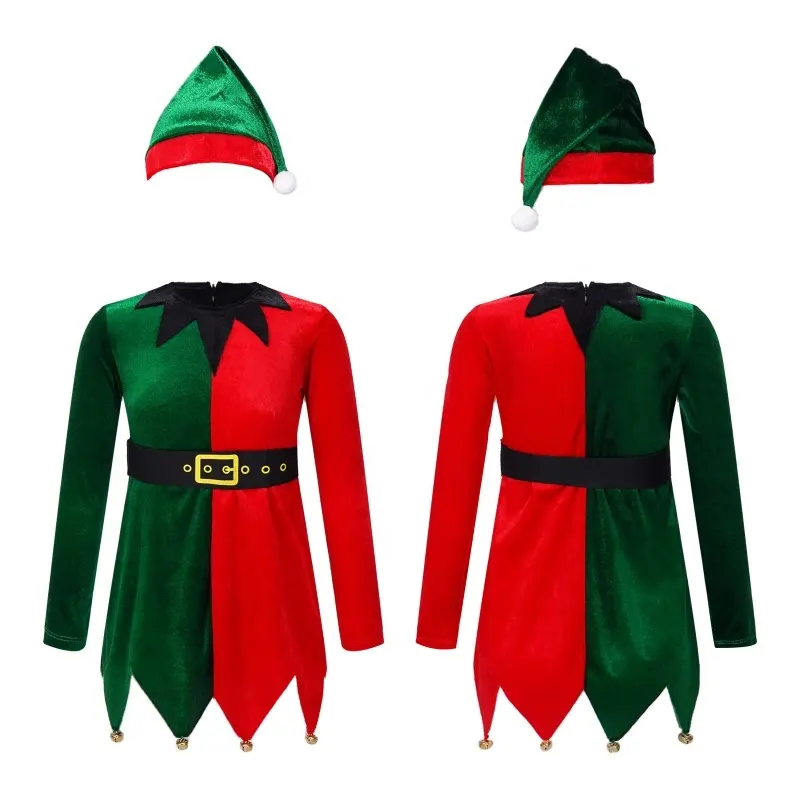 Disfraces de elfo para niños, adorno dentado de terciopelo, Tops de Navidad de Santa con campanas, cinturón elástico y sombrero, gran oferta