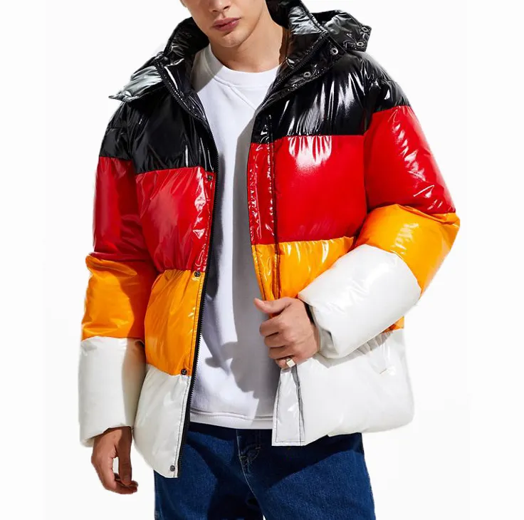 Nuevo Color bloque abajo de la chaqueta con capucha Streetwear de invierno al aire libre para hombre de moda Shing ganso de Puffy chaquetas