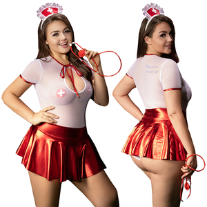 Disfraz de enfermera traviesa Sexy para adultos de talla grande de Night Club para mujeres maduras, lencería Sexy de peluches y falda roja