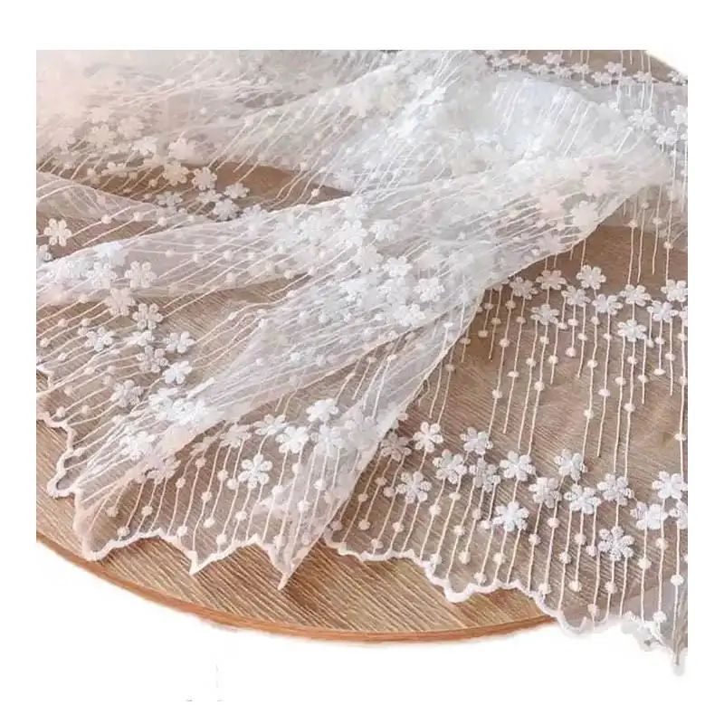 Tela de renda branca transparente, tela de encaje bordado para noiva, vestido de casamento, tecido de malha de tule