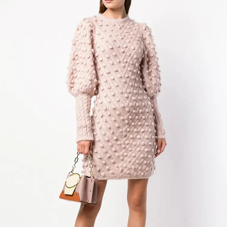 Women Mohair Blend Puff Sleeves Pom-Pom Mini Knit Sweater Dress