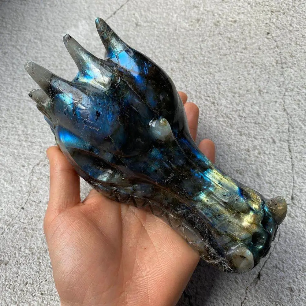 Cristal Tallado Animal tallada mano de cristal Natural de la cabeza de dragón escultura arte labradorita cráneos de dragón para Decoración