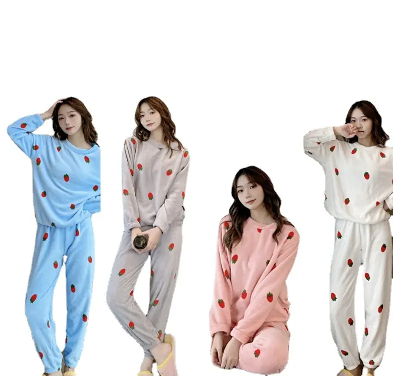 Mulheres Fleece Pijamas Set Inverno Sleepwear Veludo Sólido 2 Peça Pant Home Suit Fofo Pijama Casual Quente O-pescoço Night Wear 2023