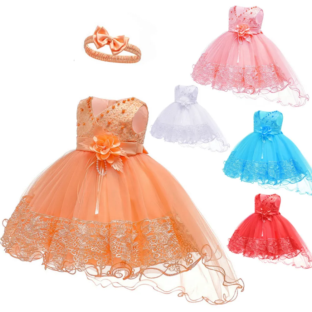 Vestido infantil sin mangas para niños, bordado de flores, perla, pequeño, para boda, cumpleaños, fiesta de princesa, recién nacido, 1 año