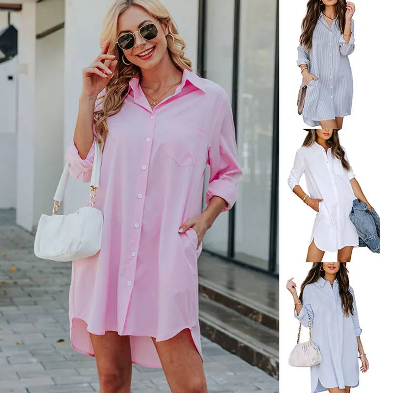 Vestido camisero largo de manga larga para mujer, Vestido camisero informal de Color liso para mujer