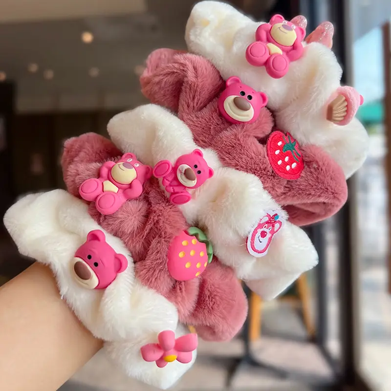 MIO Handmade Hair Ornament Fluffy Hair Scrunchies Girls Plush Fur Hair Band Flower Strawberry Bear Accessories For Kids