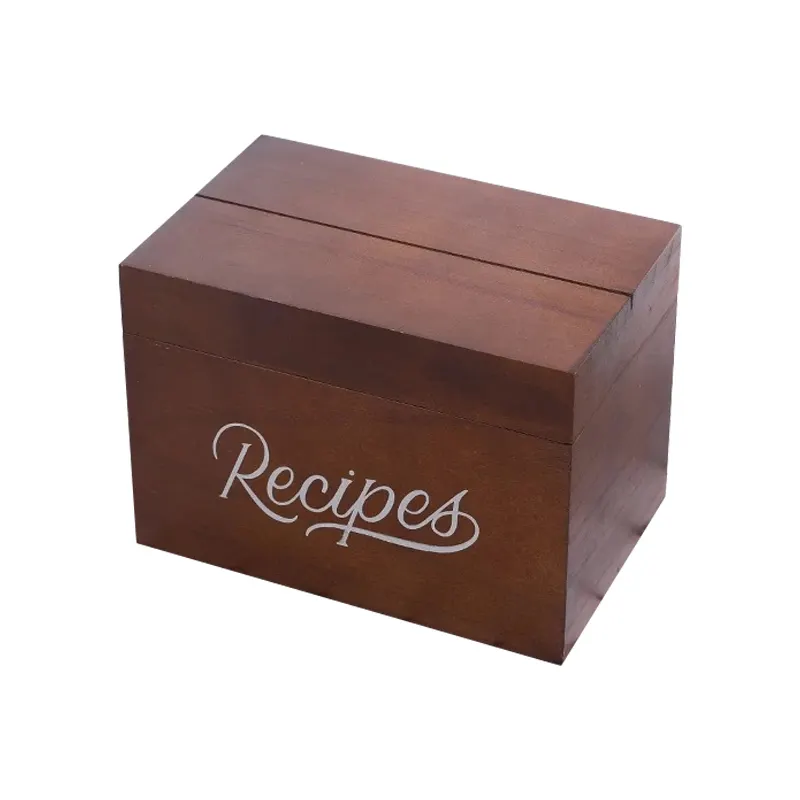 Caja de almacenamiento de recetas de madera lacada marrón con tapa magnética con bisagras