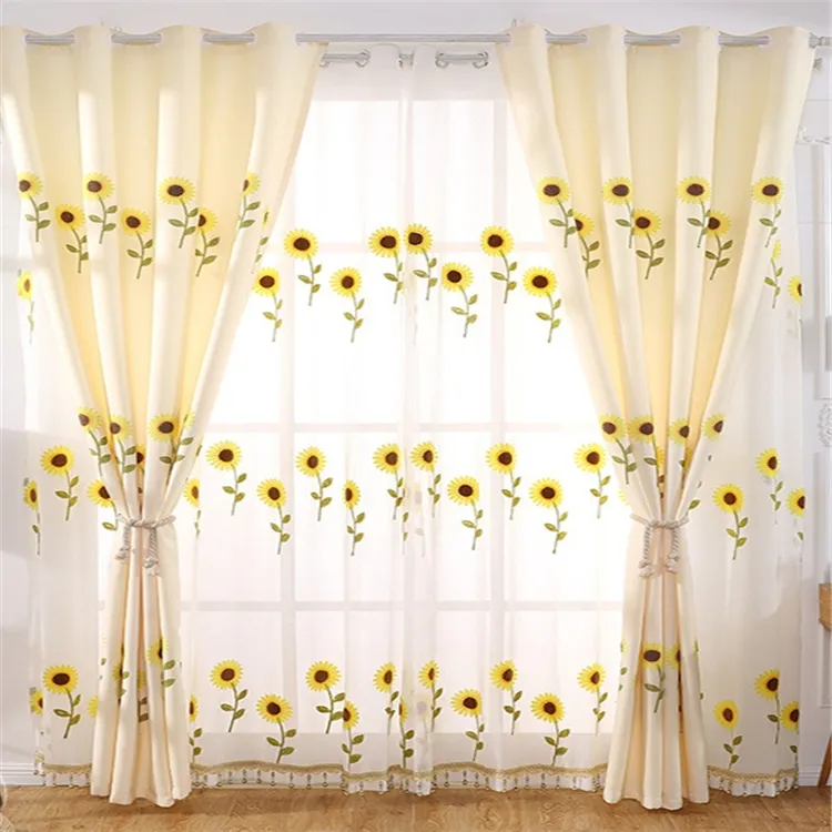 Korean Yellow Sunflower Embroidery Style House Breathable home Decoration Back Tab Custom Polyester Blackout Curtains/