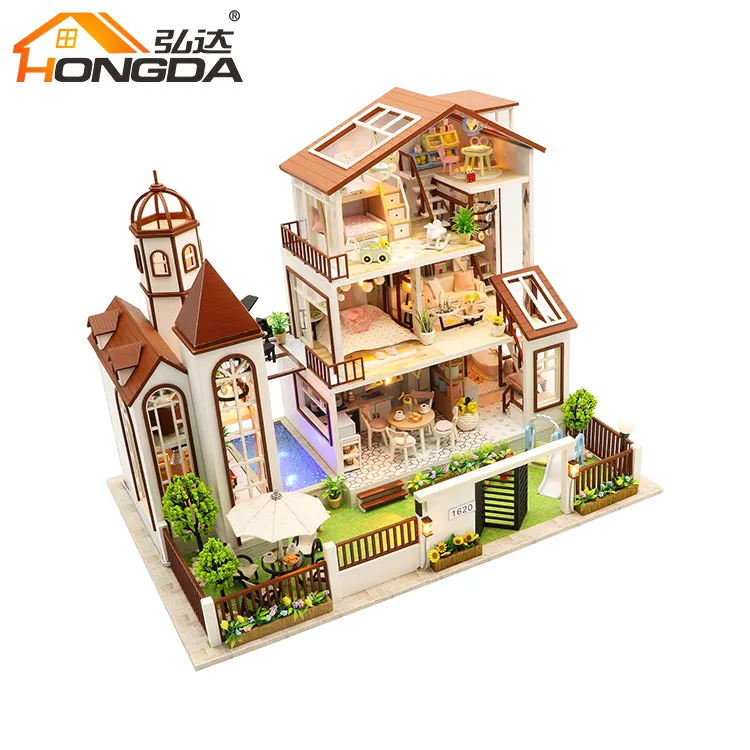 Hongda casa delle bambole in legno bianco in miniatura realistica fai-da-te in scala 1 24 di grandi dimensioni