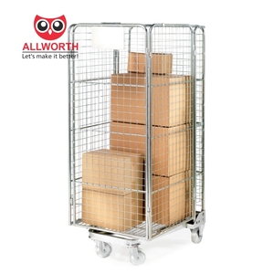 物料搬运厂双门丝网卷容器，带木制托盘笼手推车 - Product Image 2