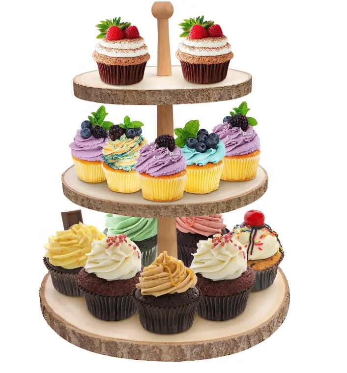 Toptan Cupcake standı 3 katmanlı, 4 katmanlı Cupcake tutucu ekran ahşap katmanlı tepsi rustik Cupcake standı