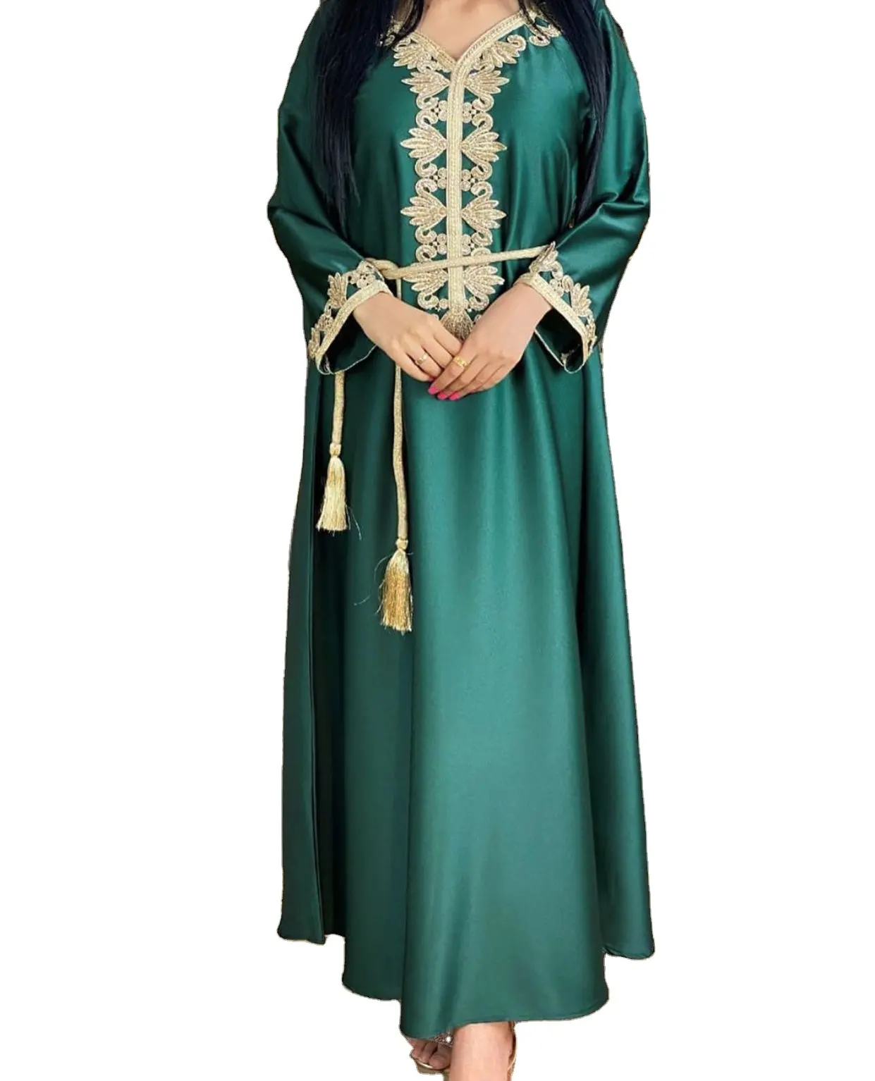 Vestido de talla grande elegante de manga larga para mujer, maxivestido de Oriente Medio musulmán verde vino negro bordado estilo étnico