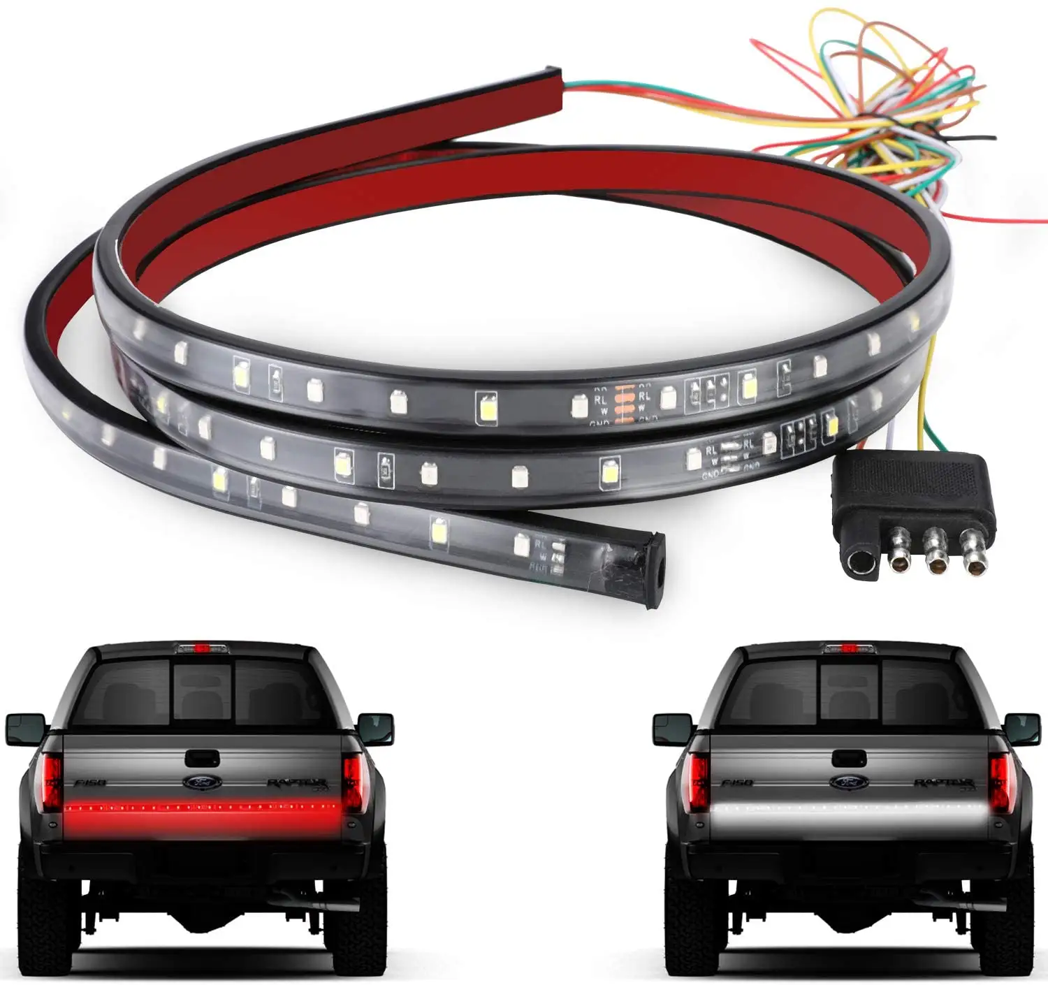 Barra de luz LED Flexible para puerta trasera y maletero, señal de giro de freno inverso, tira de luces LED de 1,2 M y 1,5 M, color rojo y blanco, 60 pulgadas