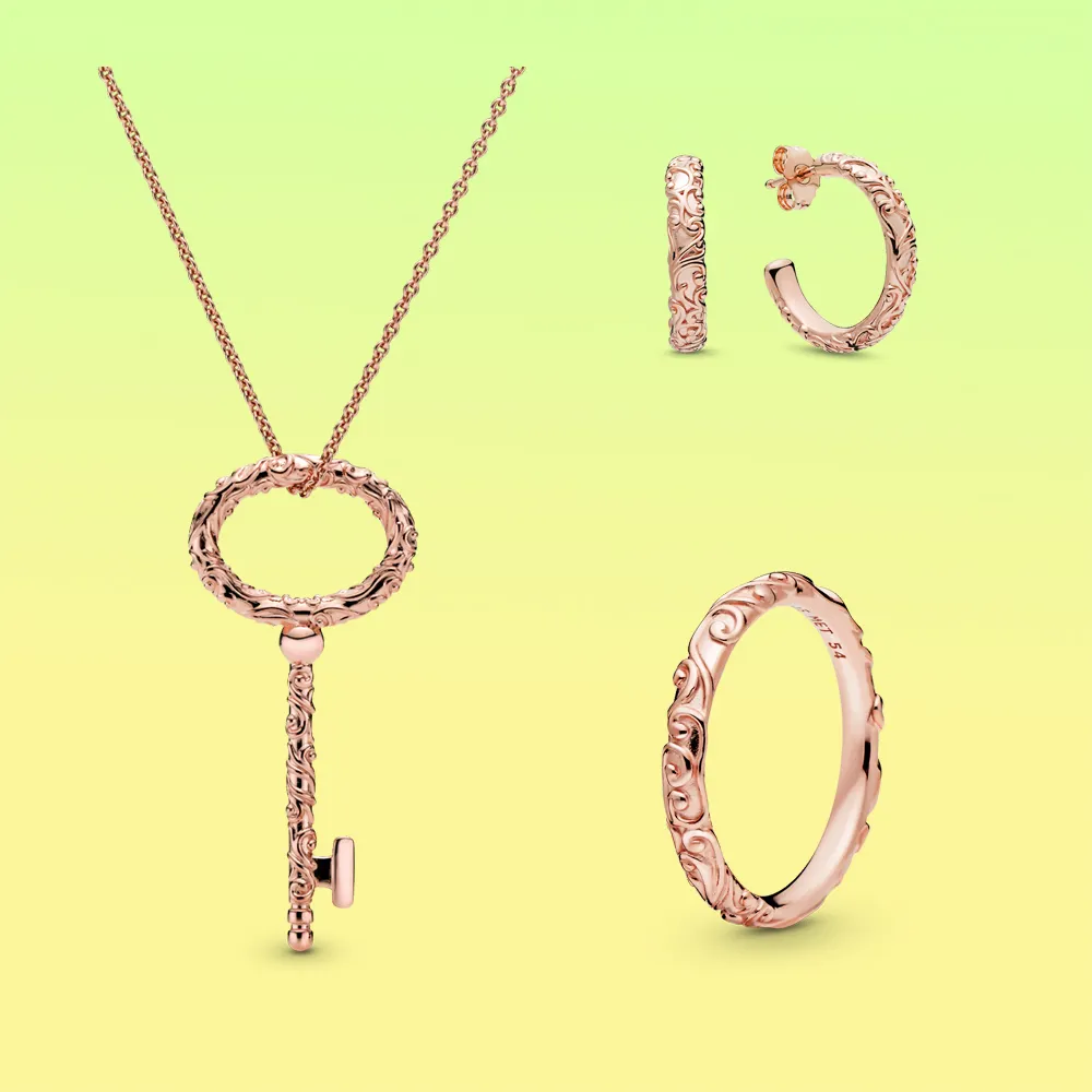 Standard S925 argento Sterling classico oro rosa fascino di lusso cuore chiave orecchini di perline collana ciondolo braccialetto anello