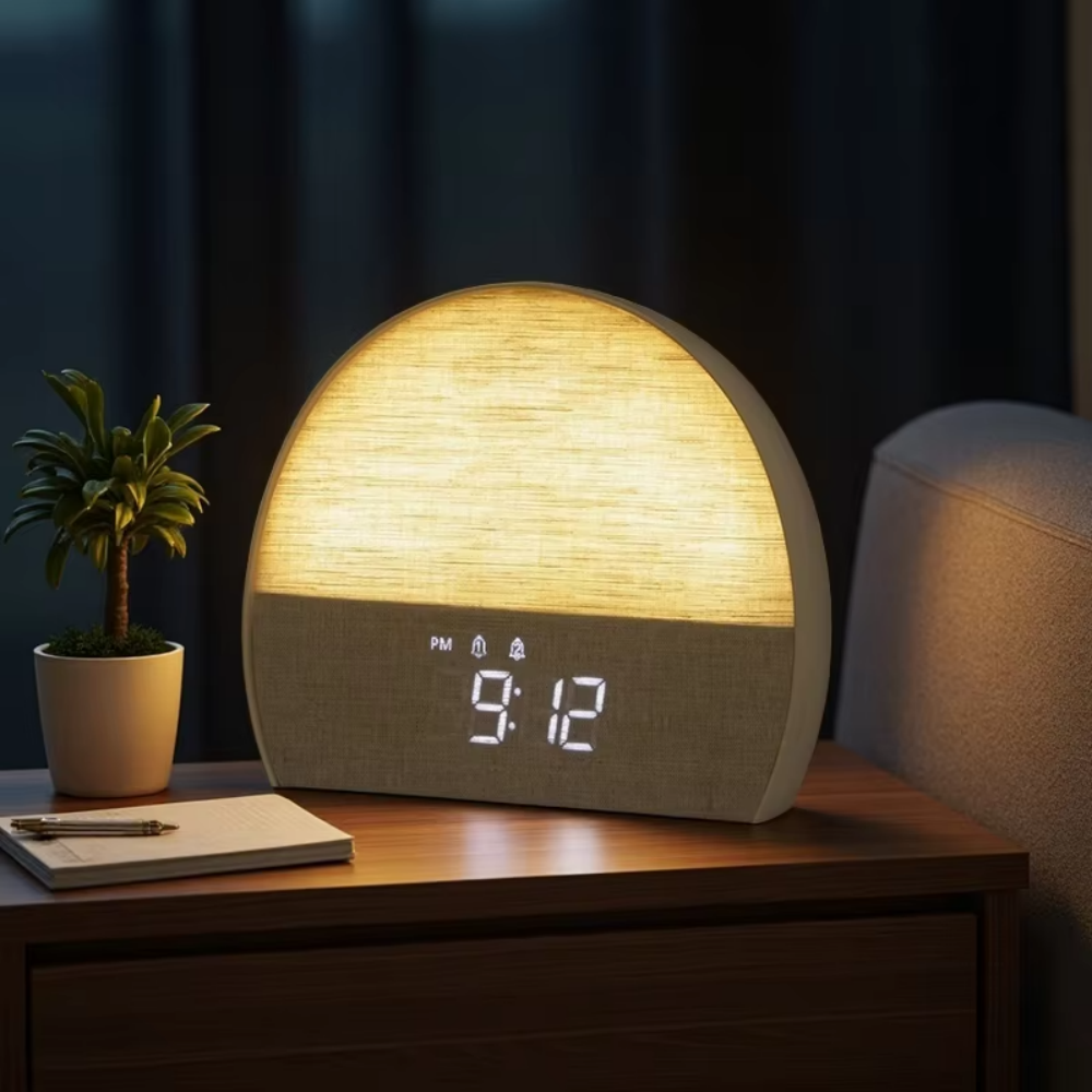 Lampada sveglia con rumore bianco, luce notturna per il sonno e tessuto, sveglia con allarme