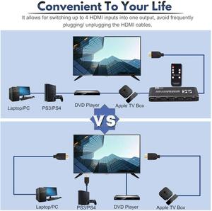 Conmutador HDMI 4K, 4 puertos, 4 en 1, Out HDMI2.0b, compatible con HDCP 2,2, con Control remoto, interruptor automático