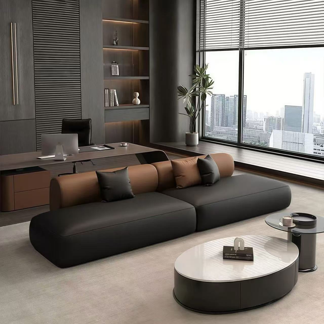 Sofá recto, cuero técnico, marrón y negro