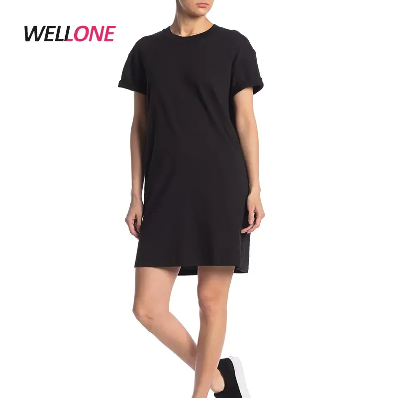 Vestido de talla grande con impresión personalizada para mujer, camiseta informal 95% algodón 5% LICRA clásica Lisa hasta la rodilla negra