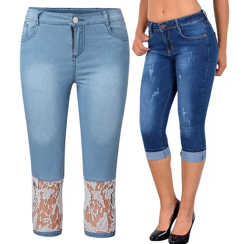 Calça jeans feminina skinny cropped, calça cropped três quartos roupas com renda capri plus size