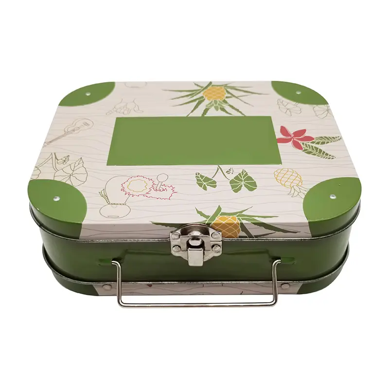 अनुकूलित मुद्रित आयताकार धातु टिन उपहार सूटकेस लंच बॉक्स हैंडल के साथ लॉक के साथ टिन पैकेजिंग बॉक्स