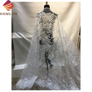 Tùy Chỉnh Thời Trang Đám Cưới Vải Tuyn Sang Trọng Ren Trắng Váy 3D Sequins Thêu Net Nặng Đính Cườm Ren Vải - Product Image 4