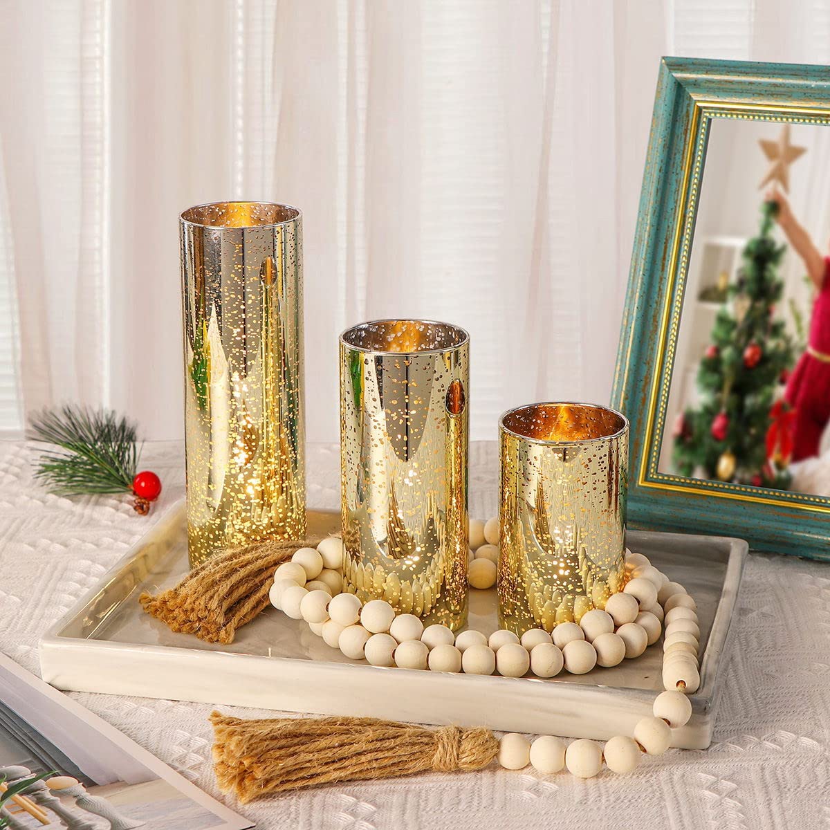 Gold Pillar Candle Holders (D:2.2'') Mercury Glass Candle Holder 3pcs, Gold Wedding Centerpieces Cylinder Glass Vase