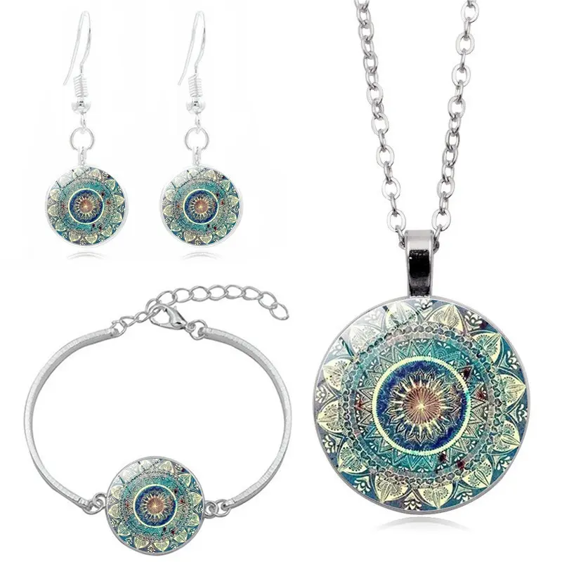 Mandala de gemas de tiempo creativo de Metal collar pendientes pulsera conjunto de joyas