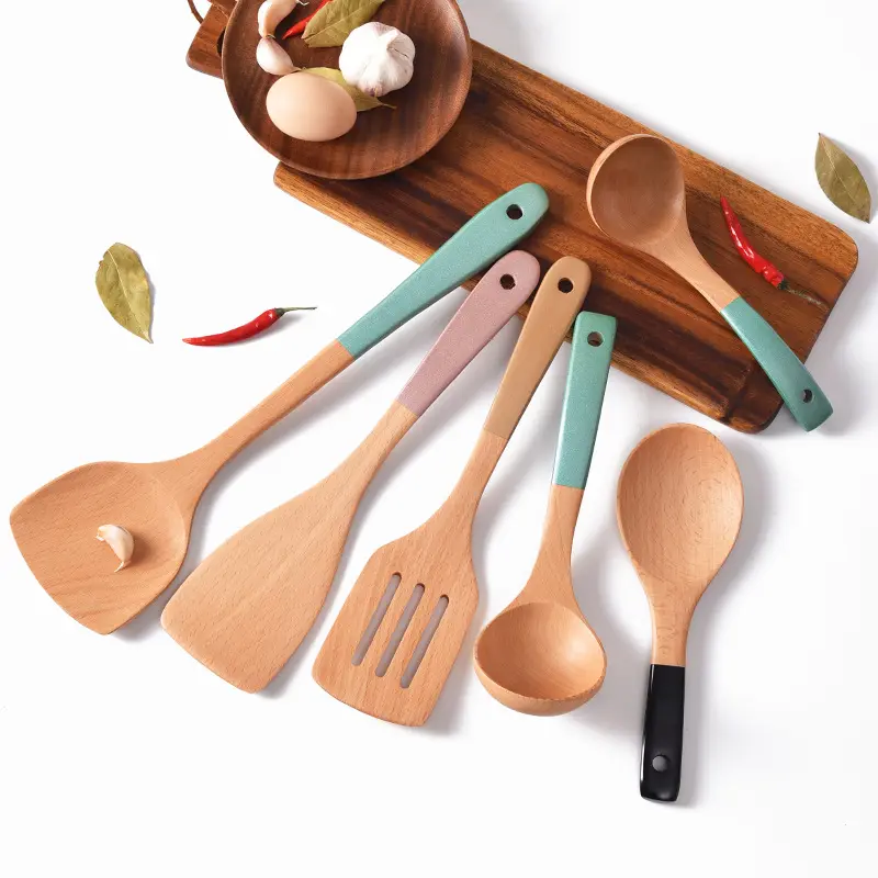 Set peralatan dapur & meja, peralatan masak anti-lengket dengan pegangan kayu 12 buah