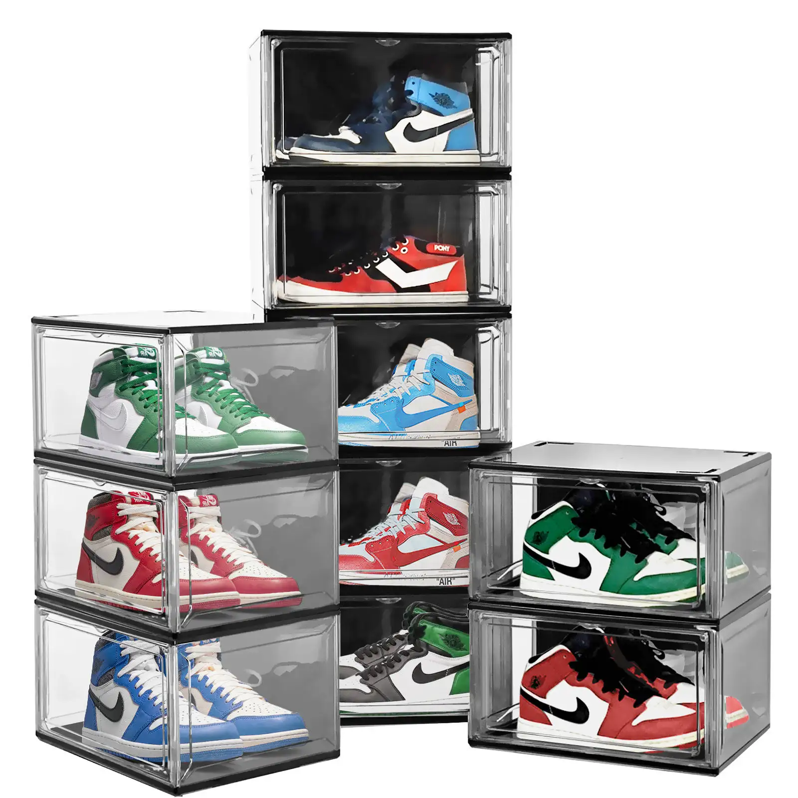 مخصص شعار الأسود شفافة حذاء المنظم تكويم حذاء كرة السلة صندوق تخزين بلاستيكي المغناطيسي الباب حذاء شفاف مربع